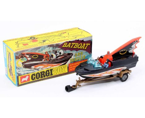 Corgi Toys No. 107 Batboat And Trailer, 1st issue with tinplate fin complete with Batman &amp; Robin figures, gold trailer, c