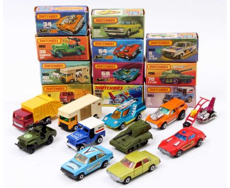 Matchbox Lesney Superfast boxed model group of 11, with examples including No. 9 Ford Escort RS2000, No. 49 Chop Suey Chopper