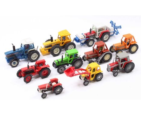 Collection of 10 various Britains and similar 1/32nd scale model tractors and implements, to include County 1884 in yellow, F