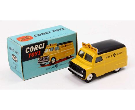 Corgi Toys No. 408 Bedford AA Road Service delivery van comprising a yellow body with black roof with roof sign and flat spun