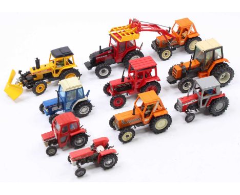 Collection of 10 various Britains and similar 1/32nd scale model tractors and implements, to include Renault 145-14, Volvo 80