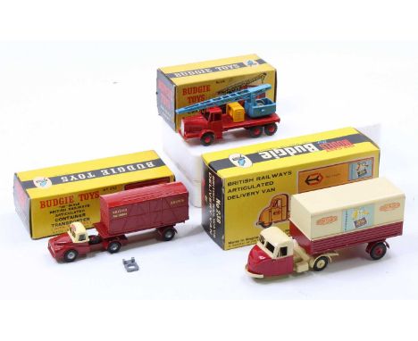 Budgie Toys boxed diecast model group of 3 comprising No. 238 British Railways Scammell Scarab Delivery Van, maroon and cream