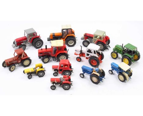 Britains and similar 1/32nd scale tractor and farming model group, 12 examples to include Massey Ferguson 135 Tractor in red 