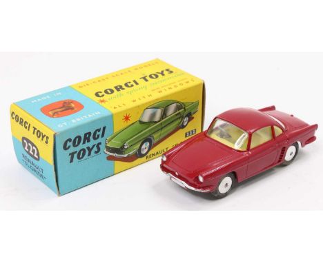 Corgi Toys, 222, Renault Floride, dark red body with yellow interior and flat spun hubs, housed in the original blue and yell