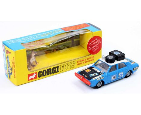 Corgi Toys No. 302 Hillman Hunter Rally Car, blue body with white roof, matt bonnet, RN75, with equipment to roof, partially 