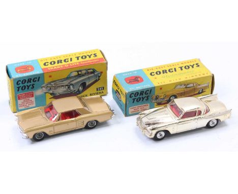 Corgi Toys boxed model group of 2 comprising No. 245 Buick Riviera, gold body, with a red interior, and wire wheels, sold in 