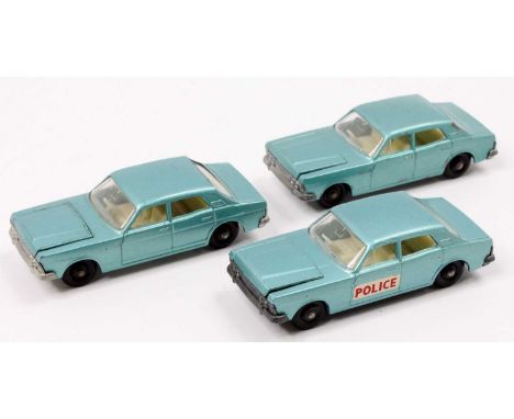 Matchbox Lesney No. 53 Ford Zodiac group of 3 comprising a light metallic blue body, with black plastic wheels, one of the mo