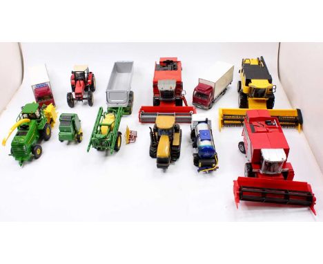 Collection of mixed scale Britains, Norscot, Ros and similar model tractors and farm attachments, to include Norscot 95E CAT 