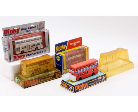 Four various window boxed and bubble packed Dinky Toy public transport diecasts to include No. 291 Atlantean City Bus finishe