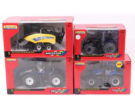 Britains 1/32nd scale boxed New Holland Tractor and Baler group, 4 examples to include No.42977 New Holland 1290 Big Square B