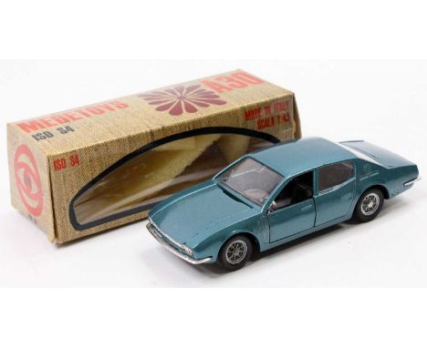 A Mebetoys 1/43rd scale No. A30 Iso Rivolta comprising a metallic blue body, with a black interior, and cast wheel hubs, cold
