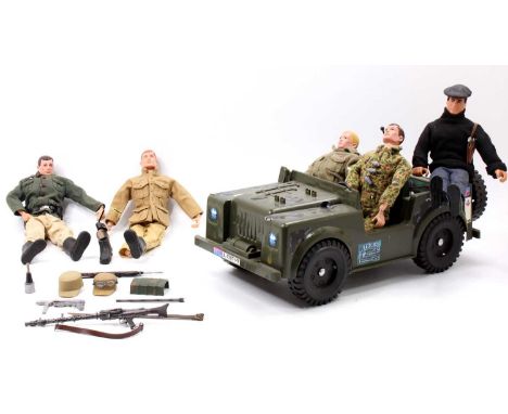 A collection of Palitoy Action Man comprising 4 various figures in military dress including an Afrika Korps uniform, the figu