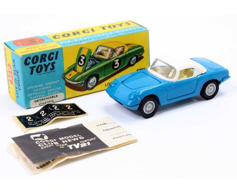 Corgi Toys No. 319 Lotus Elan Coupe comprising of blue body with white roof and cream interior with cast hubs, housed in the 