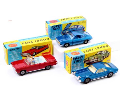 Corgi Toys boxed model group of 3 comprising No. 264 Oldsmobile Toronado, blue body with cream interior, and detailed cast hu