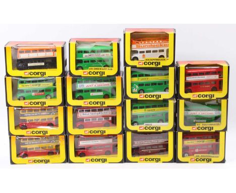 15 Corgi Toys boxed Routemaster Double Decker model buses, with liveries including HMV, Liverpool Garden Festival 1984, Cobha