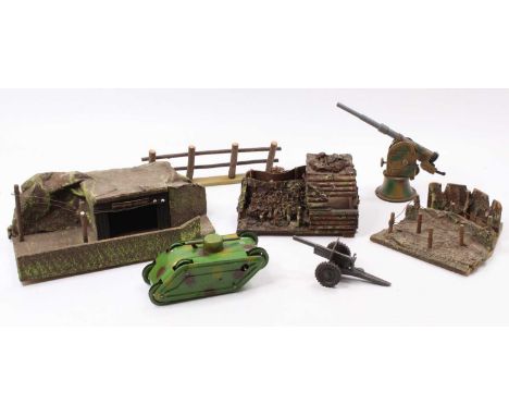 Collection of mixed Elastolin, Lineol and similar wooden trench dioramas, field guns and battlefield accessories, including A