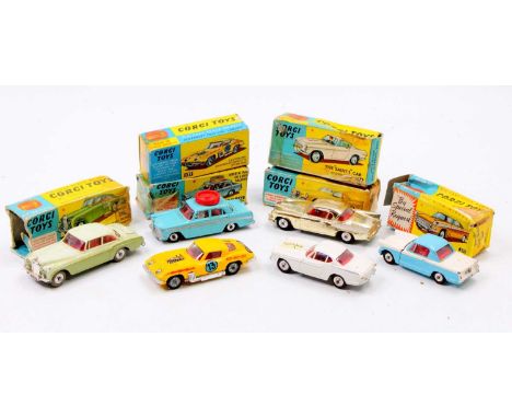 Corgi Toys part boxed play-worn model group of 6 comprising No. 258 The Saint's Volvo P1800, No. 224 Bentley Continental Spor