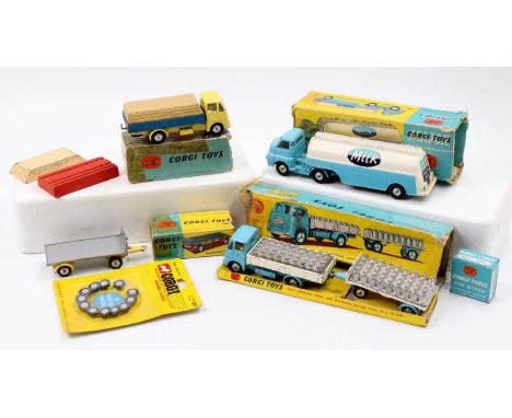 Corgi Toys model group comprising No. 1129 Bedford Articulated Milk Tanker, Gift Set No. 21 ERF Dropside Lorry &amp; Platform