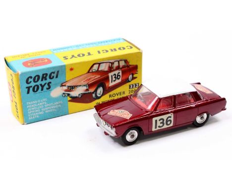 Corgi Toys No.322 Rover 2000 "Rallye Monte Carlo" - metallic maroon, white roof, red interior, racing decals to doors, bonnet