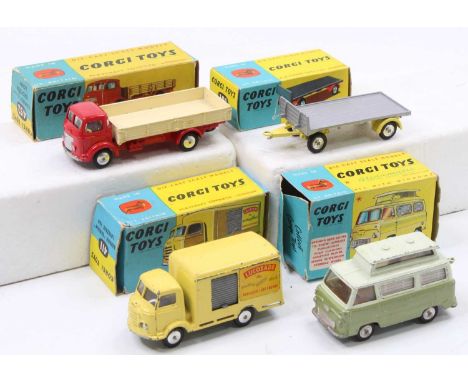 Corgi Toys boxed model group of 4 comprising No. 411 Karrier Bantam "Lucozade" Van, No. 452 Commer 5 Ton Dropside Lorry, No. 