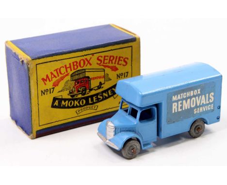 Matchbox Lesney No. 17 Bedford Removals Van in blue with silver trim and "Matchbox Removals Service" decals (VGNM-BE)