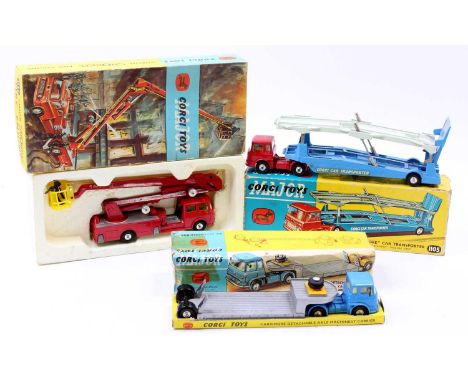 Corgi Toys boxed model group of 3 comprising No. 1105 Carrimore car transporter, TK type, red cab, blue and white trailer wit