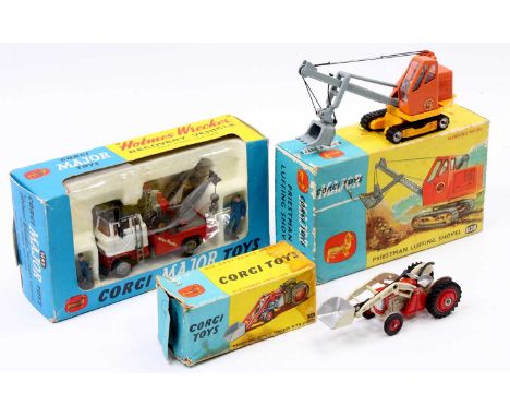 Corgi Toys boxed model group of 3 comprising No. 1128, Priestman Cub shovel, orange and yellow body with grey boom arm housed
