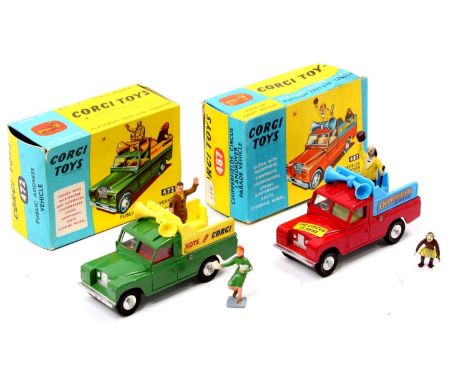 Corgi Toys boxed Land Rover pair comprising No. 472 Public Address Vehicle "Vote for Corgi", green body with yellow back and 