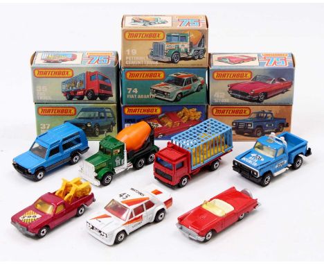 Matchbox Lesney Superfast boxed model group of 7 comprising No. 19 Peterbilt Cement Truck, No. 35 Zoo Truck, No. 37 Matra Ran