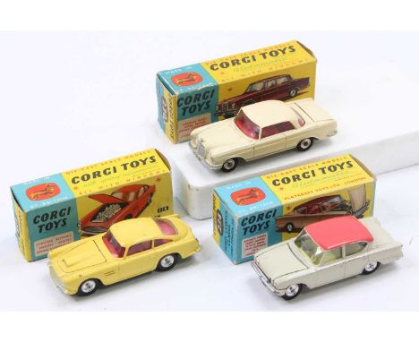 Corgi Toys boxed model group of 3 comprising No. 230 Mercedes Benz 220 SE Coupe, cream body, with a red interior, and spun hu