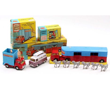 Corgi Toys boxed model group of 3 comprising No. 420 Ford Thames Airborne Caravan, pink and lilac body with yellow interior a