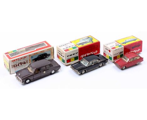 Yonezawa Diapet diecast model group of 3 comprising No. D133 Debonair in black with a pale blue interior, No. 12-0308 Nissan 