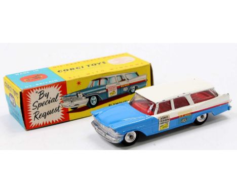 Corgi Toys No. 443 Plymouth US Mail Delivery car, comprising of white and blue body with red interior and spun hubs with 'Add