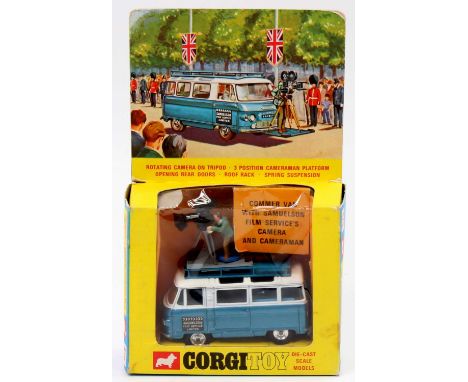 Corgi Toys No. 479 Samuelson's Film Service camera van, blue and white body with spun hubs, with cameraman figure to roof, in