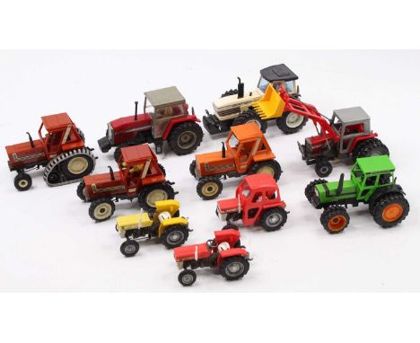 Collection of 10 various Britains and similar 1/32nd scale model tractors and implements, to include Fiat 880DT Half Track, C