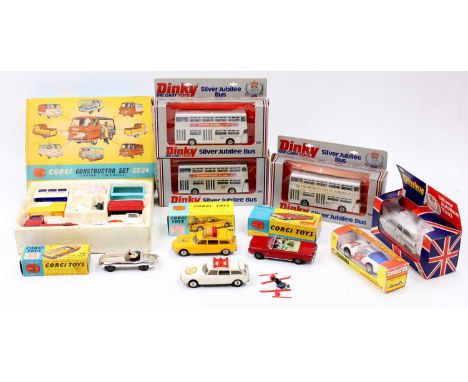 A collection of playworn vintage original boxed and reproduction boxed Corgi and Dinky diecasts to include a Corgi gift set 2