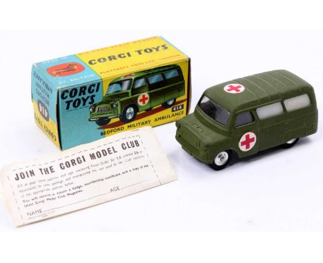 Corgi Toys No. 414 Bedford Dormobile Military Ambulance, olive drab body with Red Cross stickers, shaped hubs, no suspension,