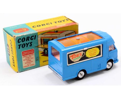 Corgi Toys No. 471 Smiths Karrier Mobile Canteen, comprising of blue body with standing attendant figure and Joe's Diner live