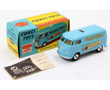 Corgi Toys No. 441 Volkswagen 'Chocolate Toblerone' van, light blue body with lemon interior, Trans-o-lite head lamps, spun h
