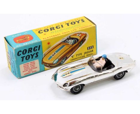 Corgi Toys No. 312 Jaguar E type Competition model in chrome finish with black interior, fitted with wire wheels complete wit