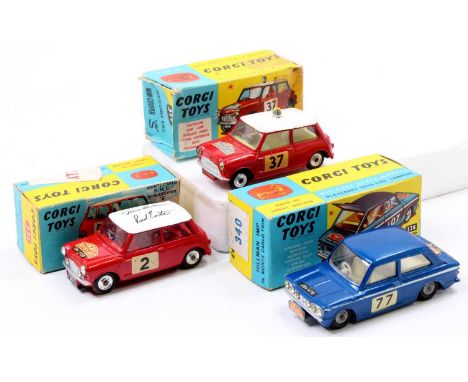 Corgi Toys boxed Monte Carlo Rally group comprising No. 321 Monte Carlo BMC Mini Cooper S, red body with white roof, racing N