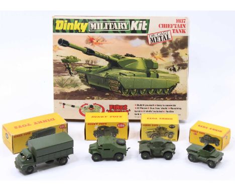 Dinky Toys military group of 5 comprising No. 621 3 Ton Army Wagon, No. 688 Field Artillery Tractor, No. 670 Armoured Car, No