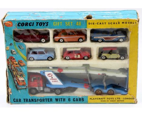 Corgi Toys Gift Set 48 Ford Carrimore Car Transporter with Morris Mini Cooper, Mini Minor (blue), Mini Cooper Wickerwork, Rov