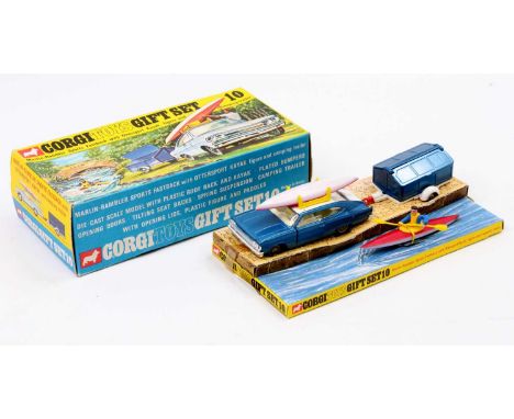 Corgi Toys, Gift Set 10, Marlin Rambler camping set comprising of metallic blue and white Marlin Rambler Sports Fastback with