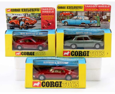 Corgi Toys boxed model group of 3 "Golden Jacks" issues comprising No. 275 Rover 2000 TC, metallic green body with amber glaz