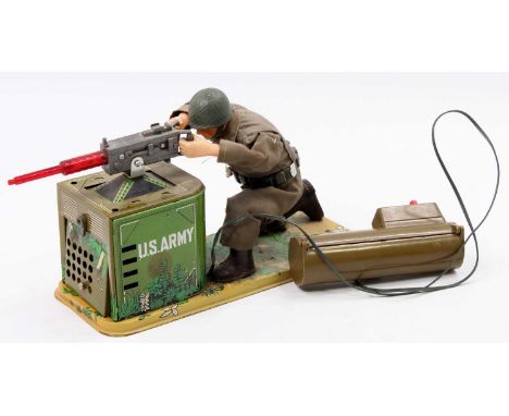 A vintage Japan-manufactured tinplate battery-operated U.S. Army Machine Gunner, with Soldier figure, and light &amp; sound f