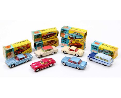 Corgi Toys part boxed and play-worn model group of 6 comprising No. 252 Rover 2000, No. 239 Volkswagen 1500 Karmann Ghia, No.