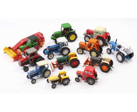 12 various Britains, Corgi and similar 1/32nd scale model tractors to include Britains Massey Ferguson 595 with cab, David Br