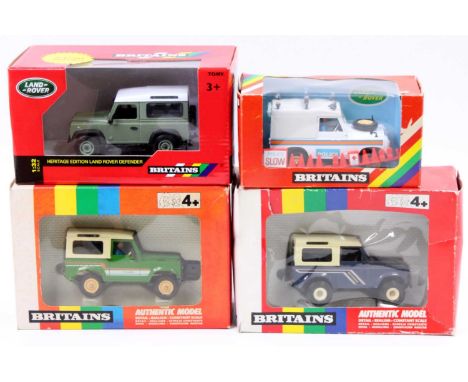 4 various boxed Britains 1/32nd scale Land Rover models to include No.9507 Land Rover Defender 90, No.9512 Farm Land Rover, N