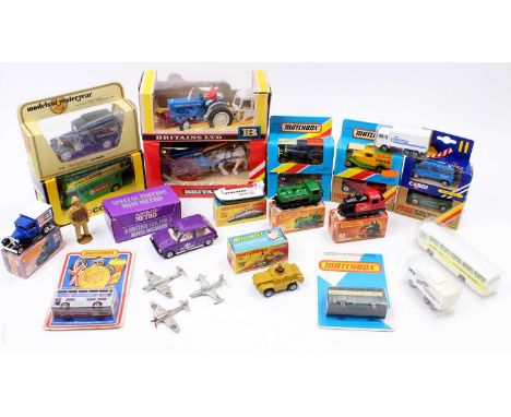 A collection of mixed diecasts, with examples including a boxed Britains No. 9527 Ford 5000 Tractor, 5 boxed Matchbox Lesney 